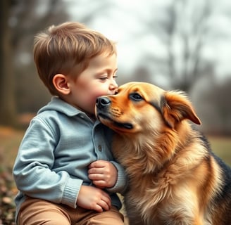 a young boy is kissing his dog and kissing his dog
