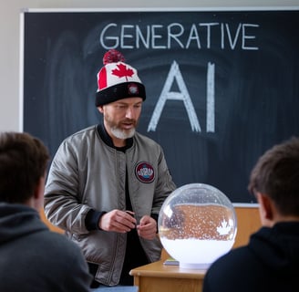 An image of a professor looking into a crystal ball, wearing a toque with the Canadian flag on it