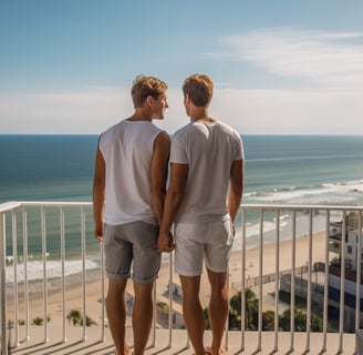 a gay couple scoping out their beach wedding location from a balcony