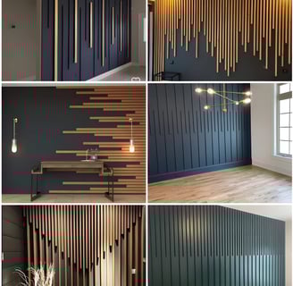 a collage of photos of a room with wood paneled walls