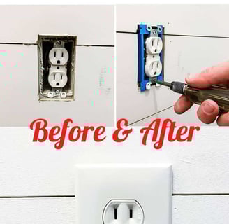 a person holding a screwdriver and a picture of a outlet in the wall