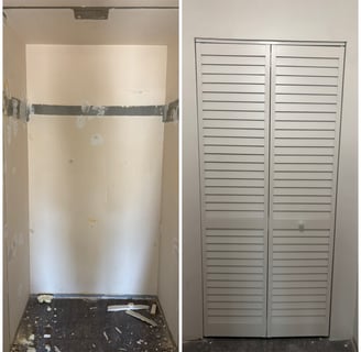 a closet with a closet door and a closet door