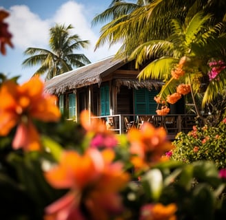 a house with a thatched roof surrounded by trees and flowers