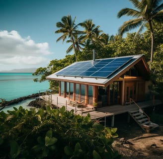 a house with solar panels on the roof and a deck with a deck