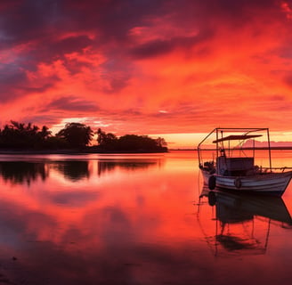 a boat in the water at sunset