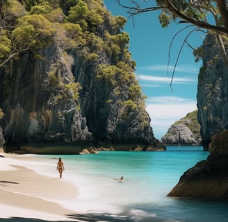 a person walking on a beach near a body of water