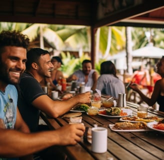 a group of people sitting at a table with food