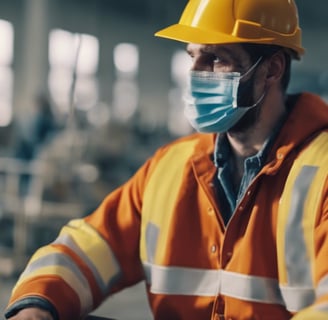 a man in a safety helmet and a mask on