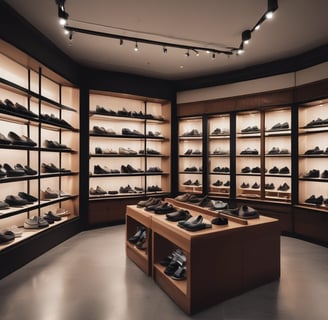 A well-lit clothing store interior featuring neatly arranged racks of clothing. There are various sections with diverse apparel including shirts, jackets, and pants in multiple colors. The center displays handbags and a table with folded clothes. The store has a modern design with wooden flooring and spotlights on the ceiling.