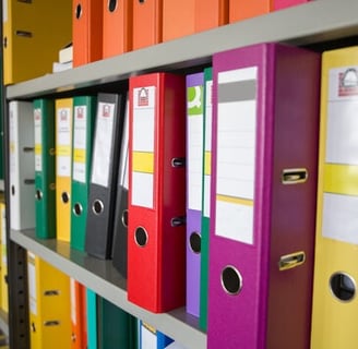 a bunch of folders on a shelf in a library