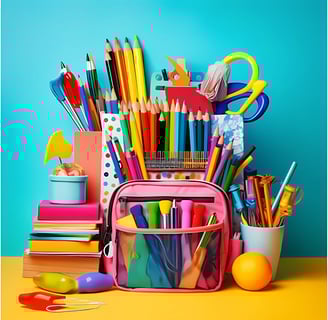 a school bag with school supplies and supplies