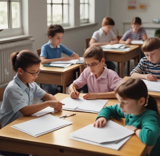 Two children in school uniforms are seated at desks, focused on writing in notebooks. The classroom has a chalkboard at the front, and a table with a backpack and other items in the background. The walls are lightly decorated, giving a simple yet structured environment.