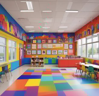 A colorful classroom with small tables and chairs, bright decorations, and educational materials. Children's artwork is displayed on the walls, and there are playful elements like painted benches and a vibrant alphabet rug.