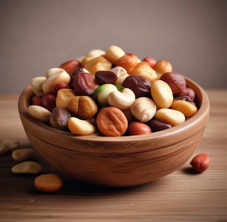A collection of brown, round seeds or nuts fills a rustic, wooden bowl placed on a wooden surface. The seeds vary slightly in shape and size, and their smooth, glossy surfaces suggest freshness.
