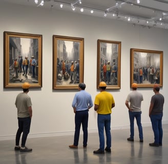 A modern gallery space featuring various art pieces on display. A large video screen shows a close-up image of an older man with a worn expression, wearing a hat and a blue shirt. Two people are in the gallery, one person standing and looking at their phone while another is walking with hands in pockets. Photographs are hung on the wall in the background, depicting outdoor scenes.