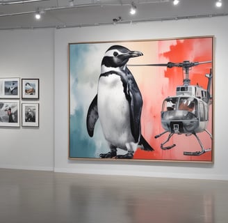 A large Penguin and a helicopter do penguin-helicopter painting stuff.