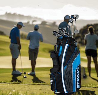 a man holding a golf club bag with a golf club in the background