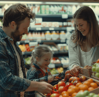 Family selecting fruits and vegetables at a local supermarket