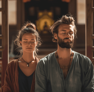 a man and woman sitting on a bench in a church