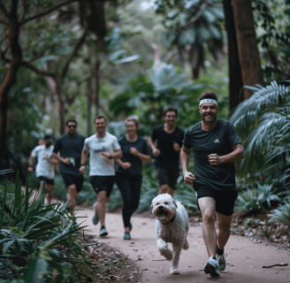 a man running in a forest with a dog
