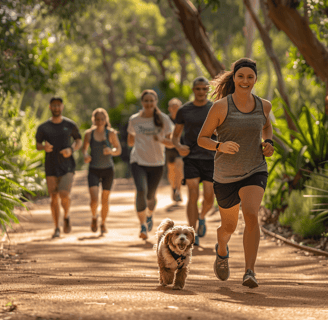 a dog is running on a path with people and a dog