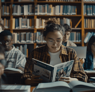 a woman is reading a book in a library