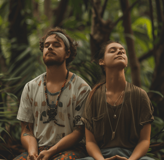 a man and woman sitting on a bench in a forest