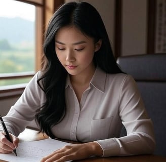 a woman in a white shirt is writing on a paper