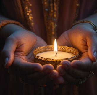 a person holding a lit candle in their hands