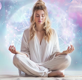 Woman Meditating Sitting pastel cloud background