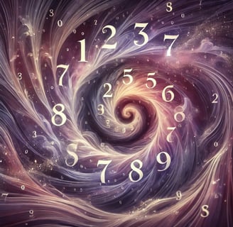 Imagem abstrata representando a numerologia pitagórica com um design fluido e números de 1 a 9 integrados em tons de roxo e l