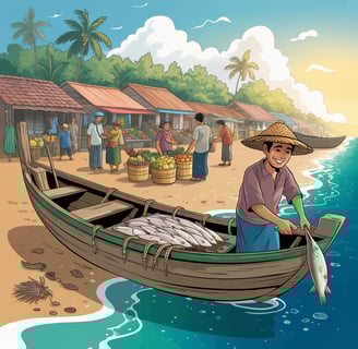 a man in a straw hat is holding a fish in a boat