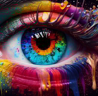Imagem de olho humano criada por IA multi colorida.