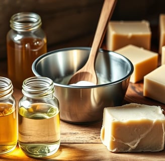 cold process soap bars with metal bowl and glass jars of oils