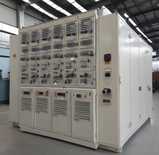 A large gray industrial electrical panel with an on/off switch is mounted on the side of a gray wall. Above the panel are multiple electrical conduits running upward. The surrounding area appears to be a utility or storage room with a wooden board and some equipment in the background.