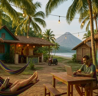 Budget-friendly hostel in Nicaragua with hammocks, palm trees, and a volcano or beach view in the background.