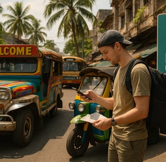 Traveler navigating a busy tropical city using local transport options like a jeepney and bus, highlighting budget-friendly t