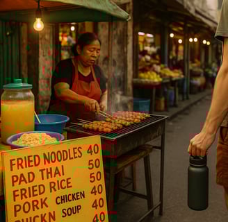 Colorful street food stall with sizzling local dishes and handwritten prices, showing affordable and authentic food options f