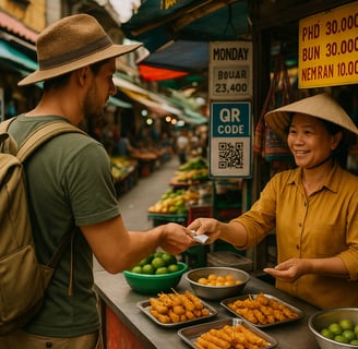 Traveler interacting with a local vendor at a colorful street market, exchanging small cash and exploring authentic, affordab
