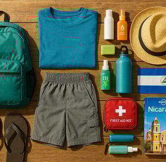 Flat lay of essential items to pack for a budget trip to Nicaragua