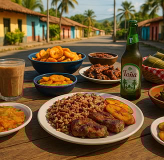 Traditional Nicaraguan street food on a rustic table, featuring gallo pinto, fried plantains, nacatamales, and local drinks i