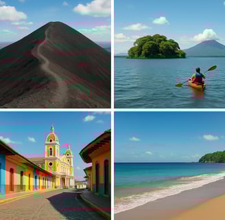 Collage of must-do budget experiences in Nicaragua, including volcano hiking, kayaking on Lake Nicaragua, exploring Granada’s