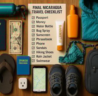 Flat lay of a final Nicaragua travel checklist with passport, $10 USD cash, refillable water bottle, bug spray, sunscreen, ph