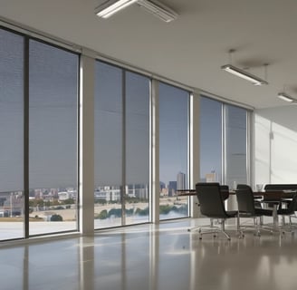 Vertical blinds with an interplay of light and shadow creating a striped pattern on the surfaces. The scene is minimalist, with the focus on the structure of the blinds and the contrasting dark and light areas.