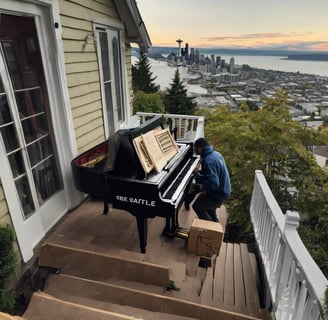a man playing a piano on a balcony