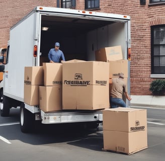 a man is moving a truck with boxes on it