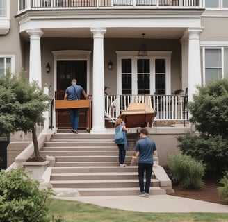 a man and woman moving a couch in front of a house