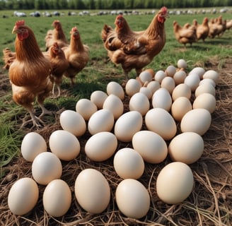 A hand is holding an egg, while other eggs are arranged in a plastic egg tray. The eggs are brown and appear fresh, with a slightly shiny surface.
