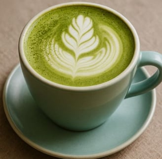 Xícara de matcha latte quente com espuma cremosa sobre mesa de madeira