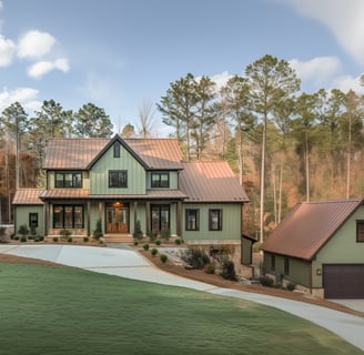 sage green and copper metal roof modern farmhouse